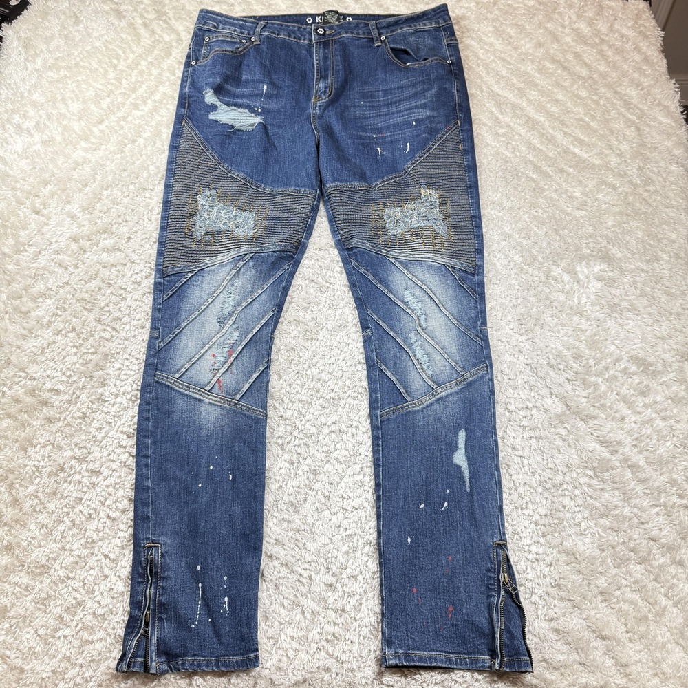 Krome Jeans Mens 38x32 Straight Leg Distressed Grunge Punk Rock Alternative Moto